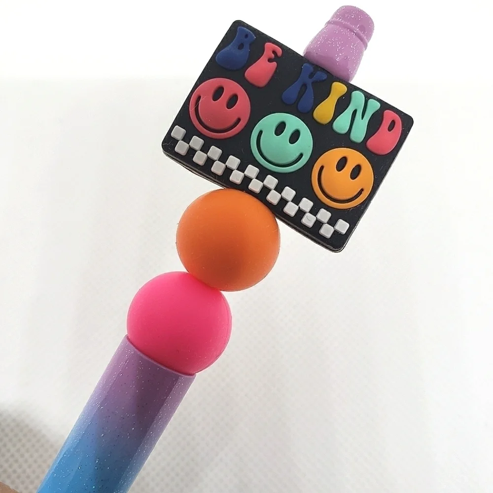 Glitter Gradient Rainbow Smiley Face Be Kind Beaded Silicone Focal Bead Pen